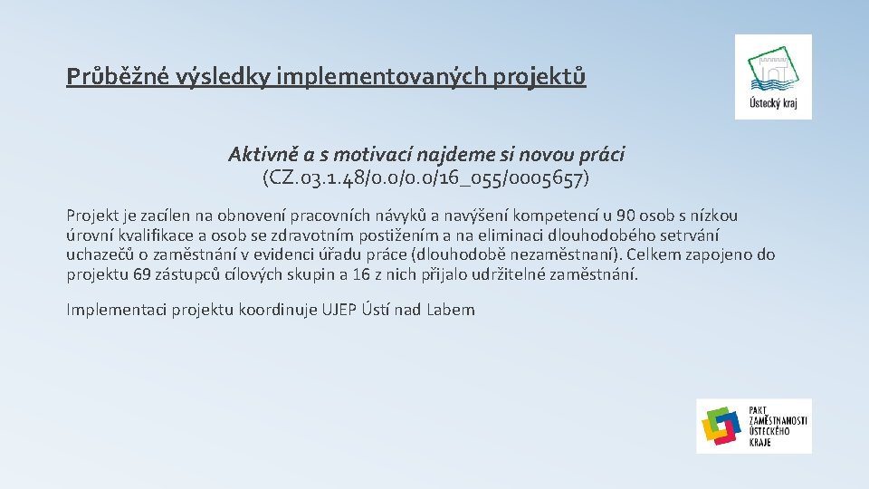 Průběžné výsledky implementovaných projektů Aktivně a s motivací najdeme si novou práci (CZ. 03.
