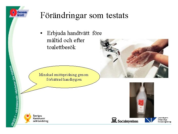 Förändringar som testats • Erbjuda handtvätt före måltid och efter toalettbesök Minskad smittspridning genom