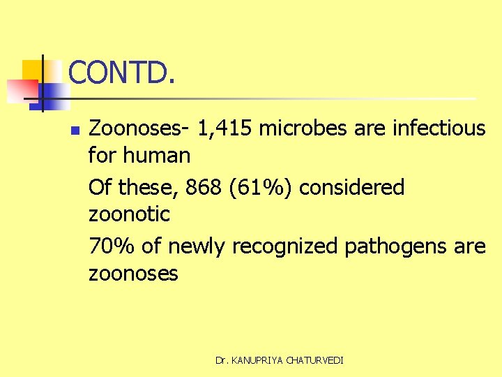 CONTD. n Zoonoses- 1, 415 microbes are infectious for human Of these, 868 (61%)