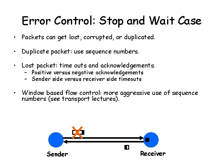 Error Control: Stop and Wait Case • Packets can get lost, corrupted, or duplicated.