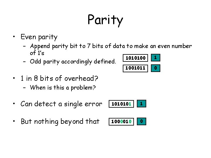 Parity • Even parity – Append parity bit to 7 bits of data to