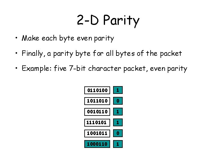 2 -D Parity • Make each byte even parity • Finally, a parity byte