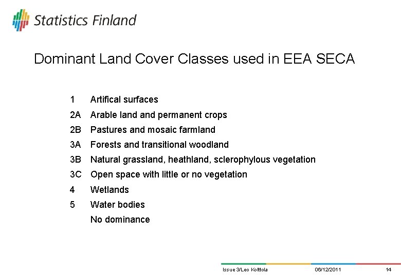 Dominant Land Cover Classes used in EEA SECA 1 Artifical surfaces 2 A Arable