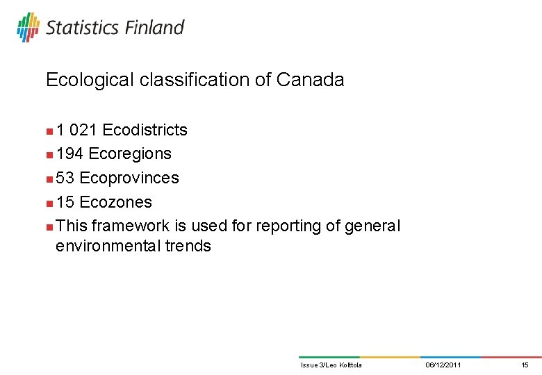 Ecological classification of Canada 1 021 Ecodistricts n 194 Ecoregions n 53 Ecoprovinces n