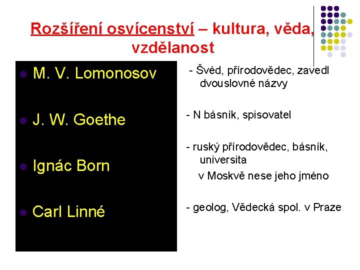 Rozšíření osvícenství – kultura, věda, vzdělanost l M. V. Lomonosov - Švéd, přírodovědec, zavedl Rozšíření osvícenství – kultura, věda, vzdělanost l M. V. Lomonosov - Švéd, přírodovědec, zavedl