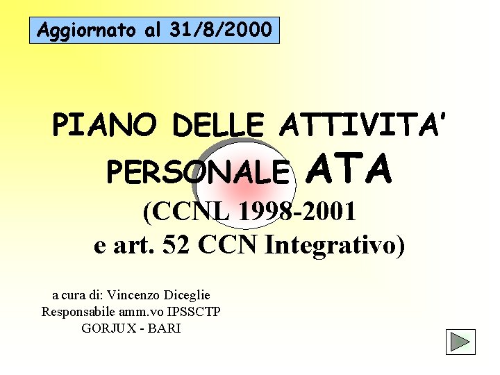 Aggiornato al 31/8/2000 PIANO DELLE ATTIVITA’ PERSONALE ATA (CCNL 1998 -2001 e art. 52