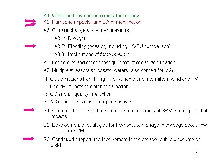 A 1: Water and low carbon energy technology A 2: Hurricane impacts, and DA