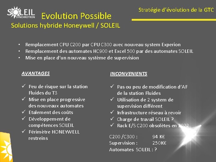 Evolution Possible Stratégie d’évolution de la GTC Solutions hybride Honeywell / SOLEIL • Remplacement