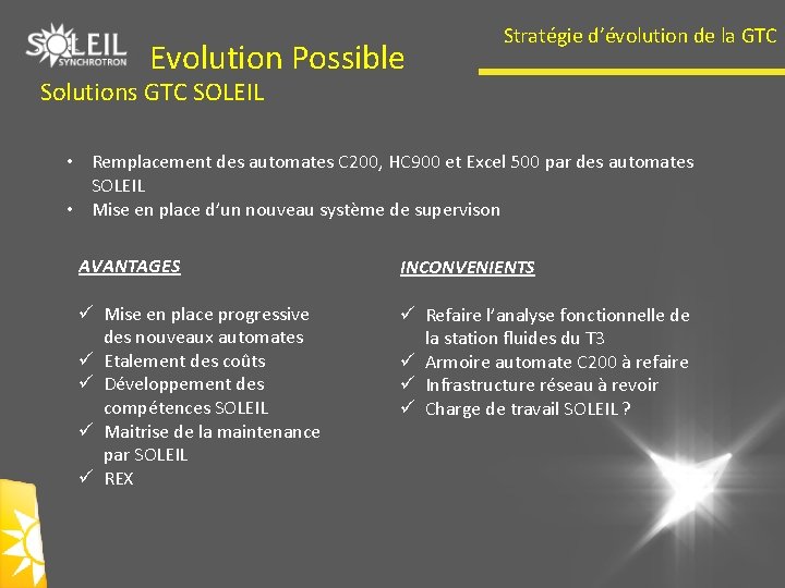 Evolution Possible Stratégie d’évolution de la GTC Solutions GTC SOLEIL • Remplacement des automates