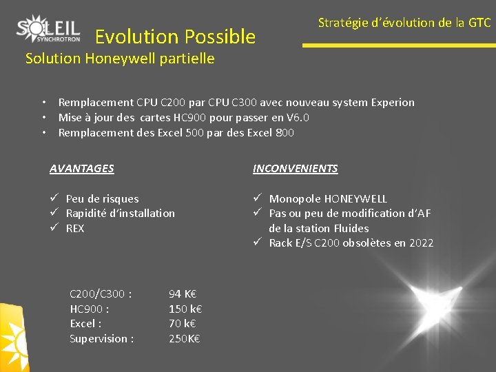 Evolution Possible Stratégie d’évolution de la GTC Solution Honeywell partielle • Remplacement CPU C