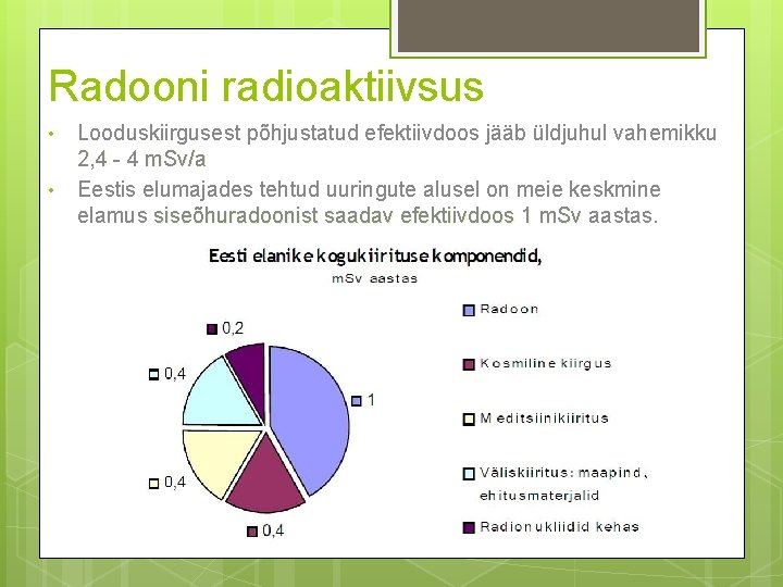 Radooni radioaktiivsus • • Looduskiirgusest põhjustatud efektiivdoos jääb üldjuhul vahemikku 2, 4 - 4