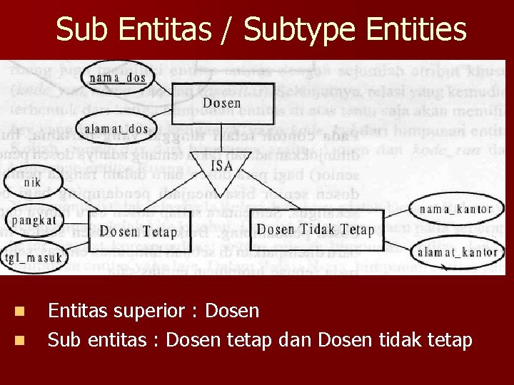 Sub Entitas / Subtype Entities n n Entitas superior : Dosen Sub entitas :