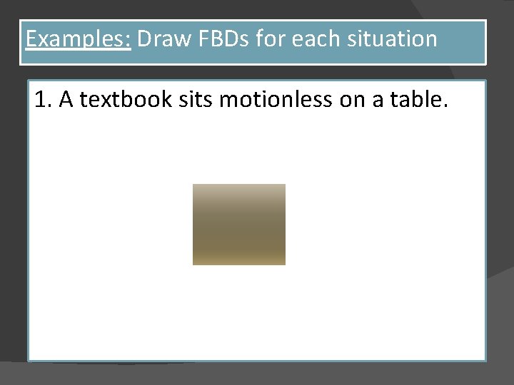 Examples: Draw FBDs for each situation 1. A textbook sits motionless on a table.