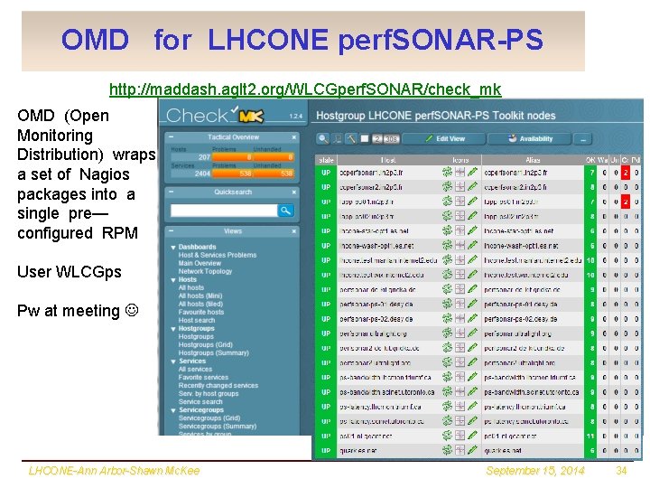 OMD for LHCONE perf. SONAR-PS http: //maddash. aglt 2. org/WLCGperf. SONAR/check_mk OMD (Open Monitoring