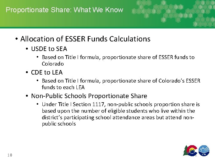 Proportionate Share: What We Know • Allocation of ESSER Funds Calculations • USDE to