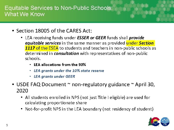 Equitable Services to Non-Public Schools: What We Know • Section 18005 of the CARES