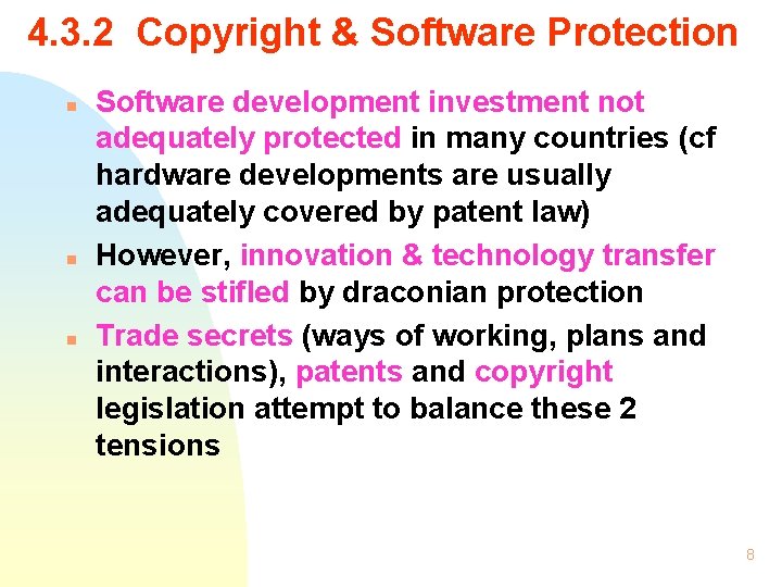 4. 3. 2 Copyright & Software Protection n Software development investment not adequately protected