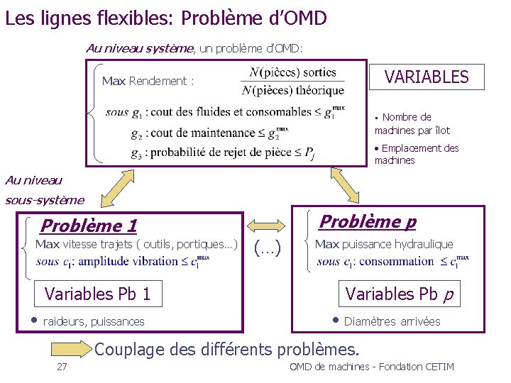 Les lignes flexibles: Problème d’OMD Au niveau système, un problème d’OMD: VARIABLES Max Rendement