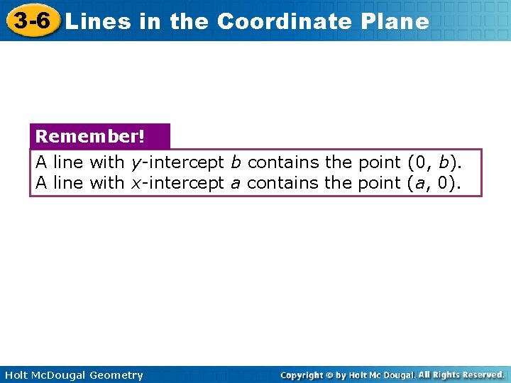 3 -6 Lines in the Coordinate Plane Remember! A line with y-intercept b contains