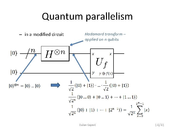 Quantum parallelism – in a modified circuit Hadamard transform – applied on n qubits
