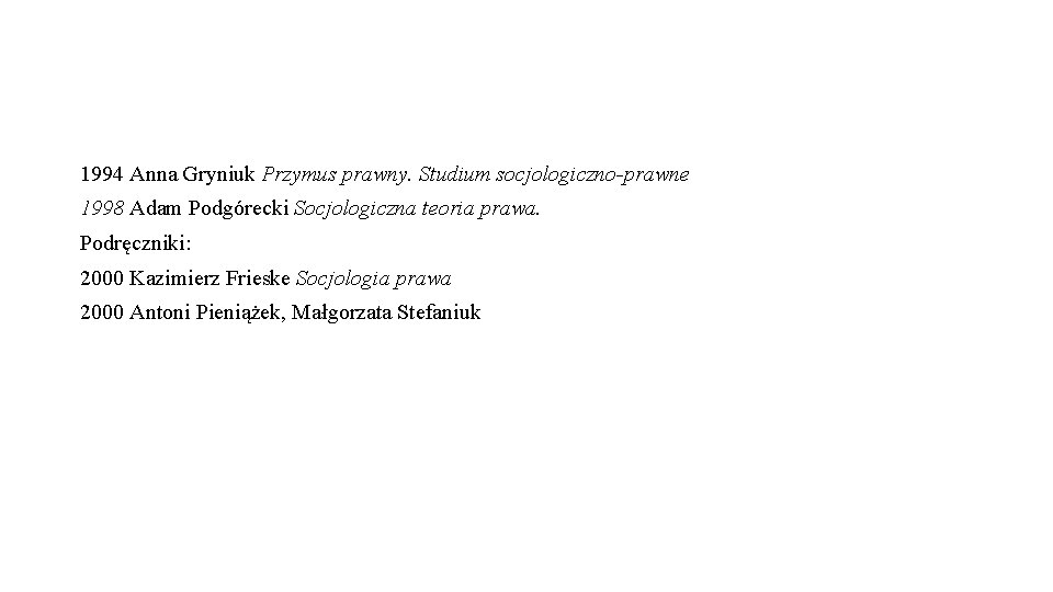 1994 Anna Gryniuk Przymus prawny. Studium socjologiczno-prawne 1998 Adam Podgórecki Socjologiczna teoria prawa. Podręczniki: