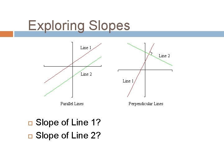 Exploring Slopes Slope of Line 1? Slope of Line 2? 