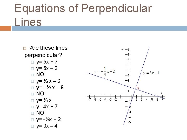 Equations of Perpendicular Lines Are these lines perpendicular? � � � y= 5 x