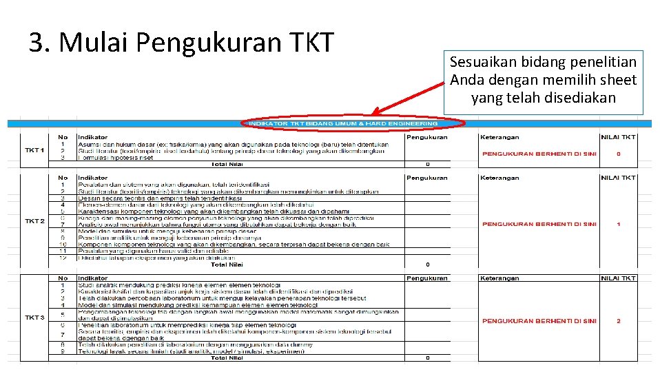 3. Mulai Pengukuran TKT Sesuaikan bidang penelitian Anda dengan memilih sheet yang telah disediakan