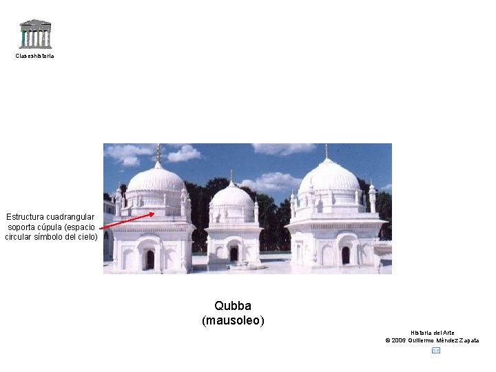 Claseshistoria Estructura cuadrangular soporta cúpula (espacio circular símbolo del cielo) Qubba (mausoleo) Historia del