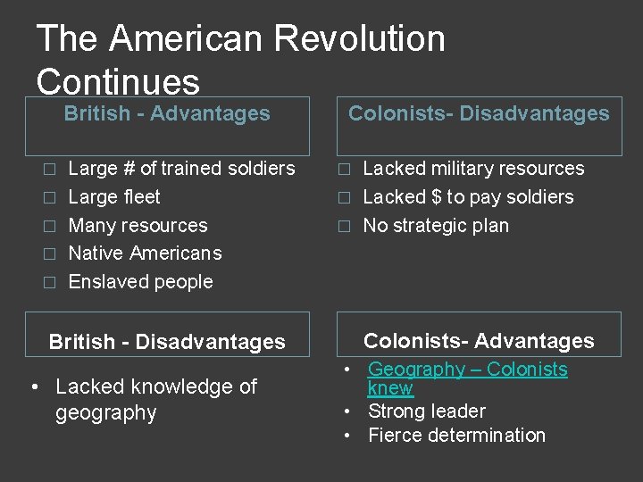 The American Revolution Continues British - Advantages � � � Large # of trained