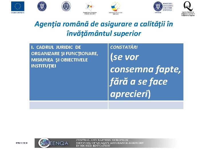 Agenţia română de asigurare a calităţii în învăţământul superior I. CADRUL JURIDIC DE ORGANIZARE