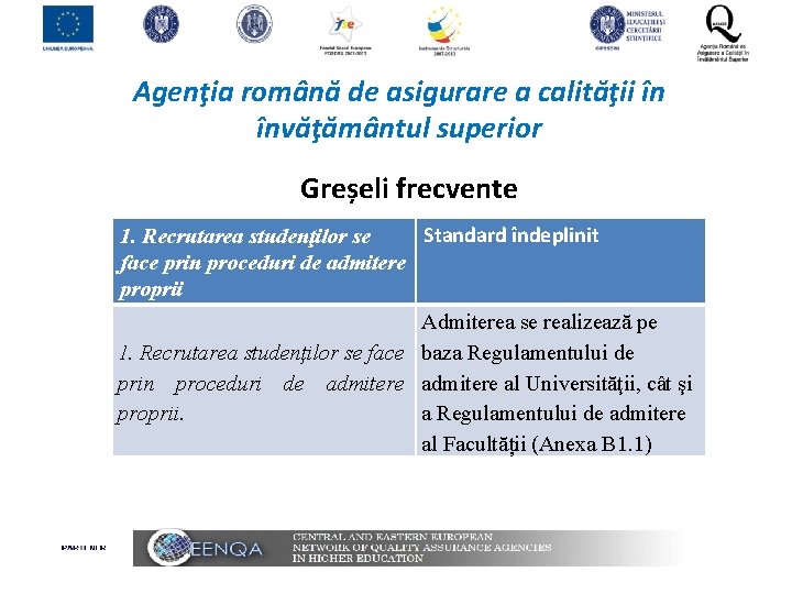 Agenţia română de asigurare a calităţii în învăţământul superior Greșeli frecvente Standard îndeplinit 1.