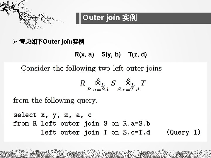 Outer join 实例 Ø 考虑如下Outer join实例 R(x, a) S(y, b) T(z, d) 