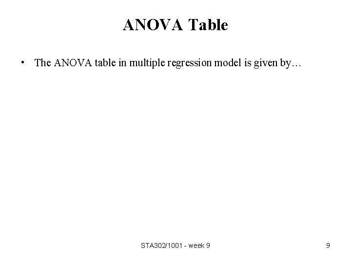 ANOVA Table • The ANOVA table in multiple regression model is given by… STA