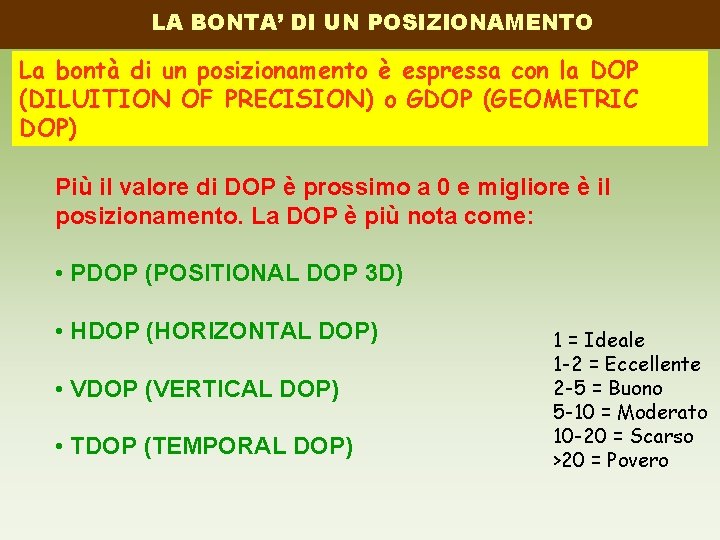 LA BONTA’ DI UN POSIZIONAMENTO La bontà di un posizionamento è espressa con la