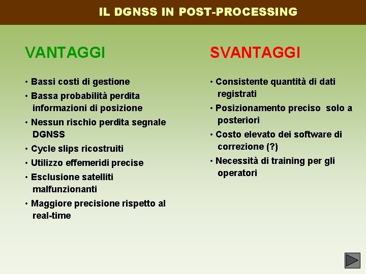 IL DGNSS IN POST-PROCESSING VANTAGGI SVANTAGGI • Bassi costi di gestione • Consistente quantità