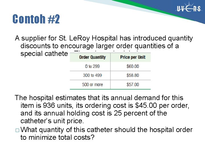 Contoh #2 A supplier for St. Le. Roy Hospital has introduced quantity discounts to