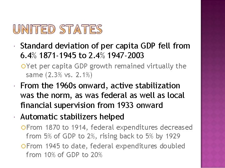 UNITED STATES Standard deviation of per capita GDP fell from 6. 4% 1871 -1945