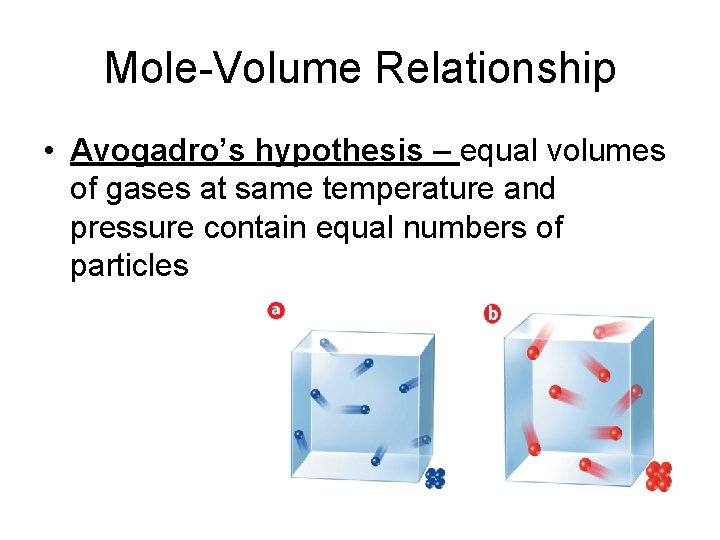 Mole-Volume Relationship • Avogadro’s hypothesis – equal volumes of gases at same temperature and