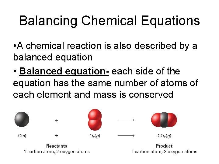 Balancing Chemical Equations • A chemical reaction is also described by a balanced equation