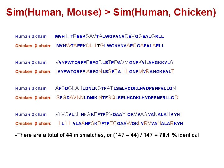 Sim(Human, Mouse) > Sim(Human, Chicken) Human β chain: MVH L TPEEKSAVTALWGKVNVDEVGGEALGRLL Chicken β chain: