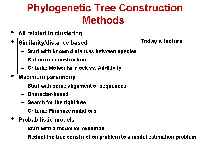 Phylogenetic Tree Construction Methods • • All related to clustering Similarity/distance based Today’s lecture