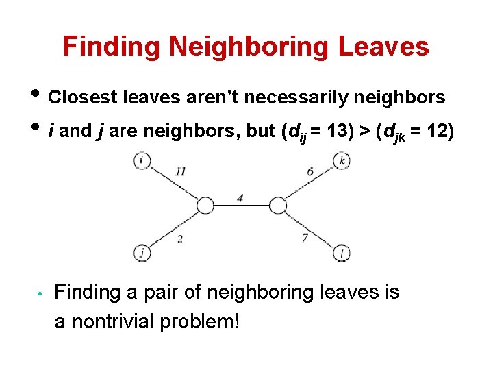 Finding Neighboring Leaves • Closest leaves aren’t necessarily neighbors • i and j are