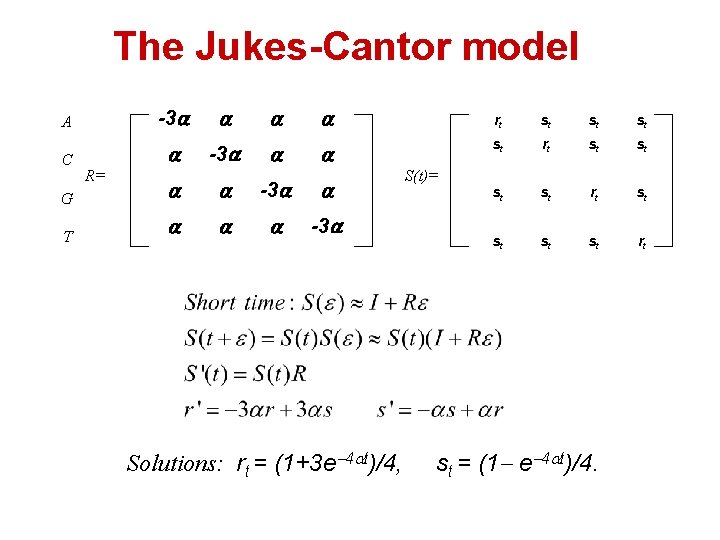 The Jukes-Cantor model A -3 C -3 R= G -3 T -3 Solutions: rt