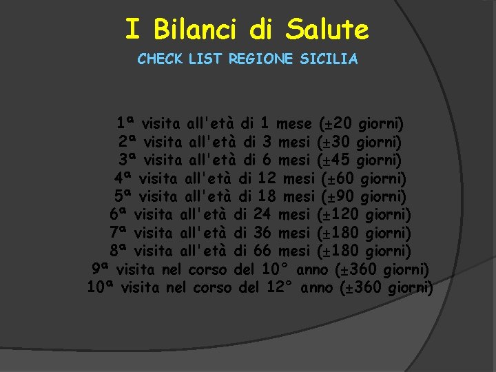 I Bilanci di Salute CHECK LIST REGIONE SICILIA 1ª visita all'età di 1 mese