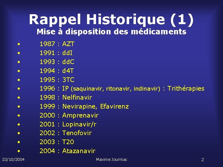 Rappel Historique (1) Mise à disposition des médicaments • • • • 22/10/2004 1987