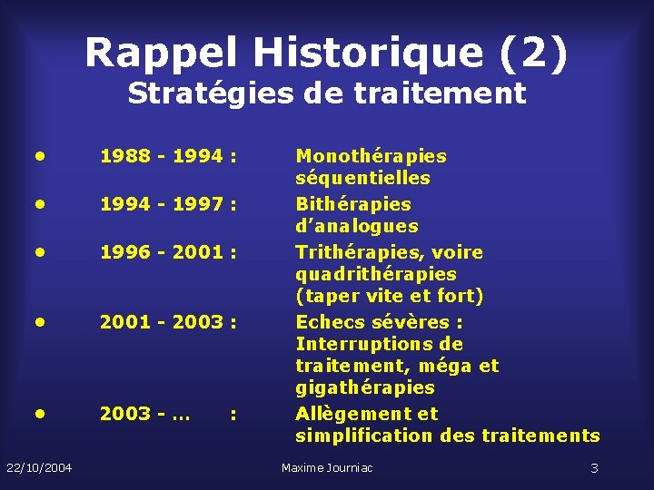 Rappel Historique (2) Stratégies de traitement • 1988 - 1994 : • 1994 -