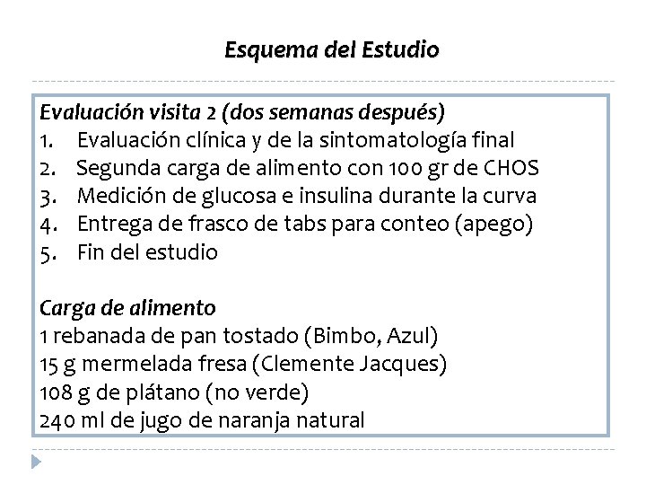 Esquema del Estudio Evaluación visita 2 (dos semanas después) 1. Evaluación clínica y de