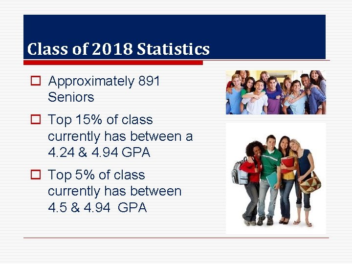 Class of 2018 Statistics o Approximately 891 Seniors o Top 15% of class currently
