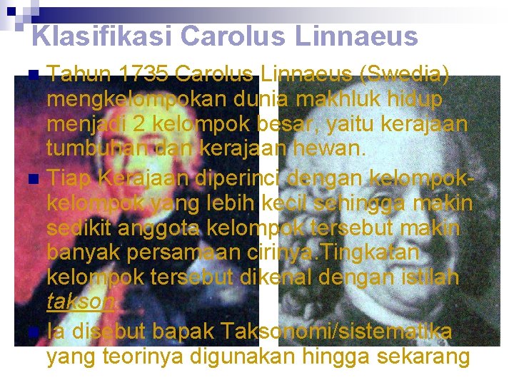 Klasifikasi Carolus Linnaeus Tahun 1735 Carolus Linnaeus (Swedia) mengkelompokan dunia makhluk hidup menjadi 2